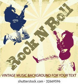 Guitar master jumping and playing rock. Vintage vector background