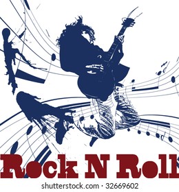 Guitar master jumping and playing rock. Vintage vector background