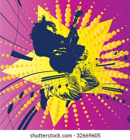 Guitar master jumping and playing rock. Vintage vector background