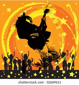 Guitar master jumping and playing rock. Vintage vector background