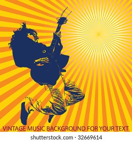 Guitar master jumping and playing rock. Vintage vector background