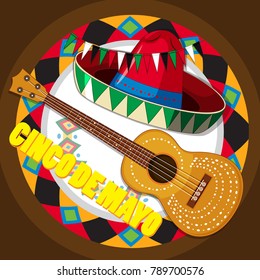 Guitar and mexican hat on round background illustration