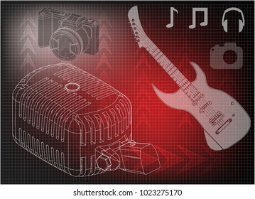 guitar, microphone and camera on a red background