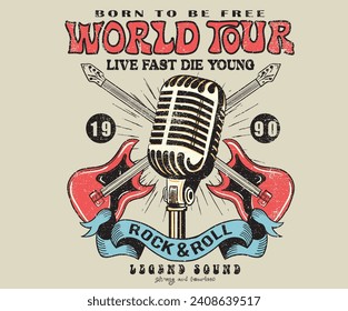 Guitar and Microphone music poster design. Rock and roll vintage print design. Guitar vector artwork for apparel, stickers, posters, background and others. Rock world tour artwork. 