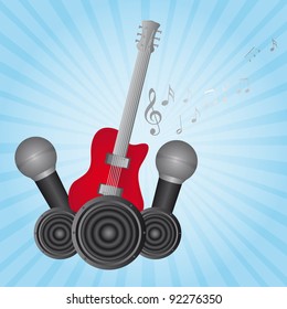 guitar and microphone over blue background. vector