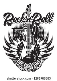 Guitar, microphone, wings, roses on the poster for a rock concert
