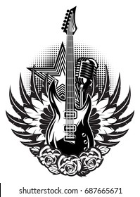 Guitar, microphone, wings, roses on the poster for a rock concert
