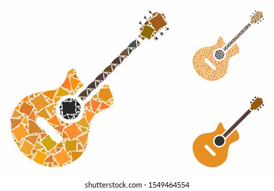 Guitar mosaic of joggly elements in various sizes and color tones, based on guitar icon. Vector tuberous items are organized into collage. Guitar icons collage with dotted pattern.