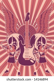 Guitar motif featuring wings, orbital speakers, record and cheerleaders.