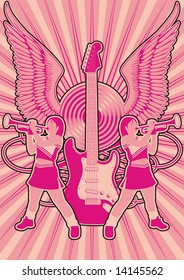 Guitar motif featuring wings, record and cheerleaders.