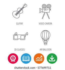 Guitar music, 3d glasses and air balloon icons. Video camera linear sign. Award medal, growth chart and opened book web icons. Download arrow. Vector