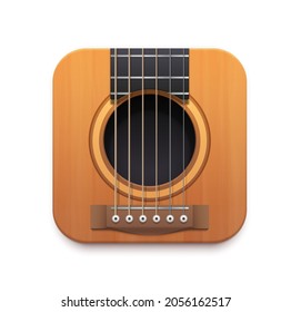 Guitar music app interface vector icon with acoustic guitar musical instrument, strings, neck, sound hole and bridge. Isolated 3d square button of mobile or web application ui or gui design