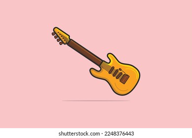 Guitar Music cartoon vector illustration. Musical instrument icon concept. Classical wooden yellow guitar. String plucked musical instrument vector design with shadow on pink background.