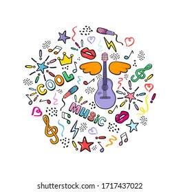 Guitar, music festival. Festive banner in cartoon style. Isolated vector hand drawing on a white background.