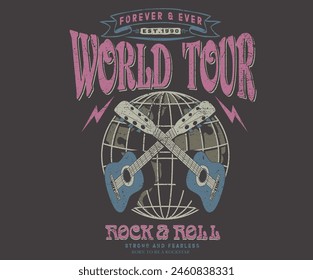 Guitar music festival poster design. Rock and roll vector t-shirt design. Live forever. Music world tour artwork. Music slogan logo design. World map vintage design.