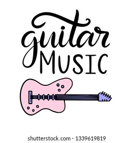 Guitar music lettering vector with pink bass guitar. Template for guitar lessons poster, banner, flyer, ticket, event program, brochure for summer open air rock, pop or jazz concert. EPS10