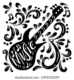 Guitar and music letterng. Hand drawn vector illustration.