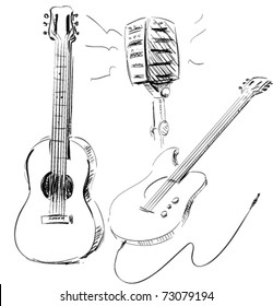 Guitar Music microphone icon set hand drawn illustrations. electro and acoustic, microphone.