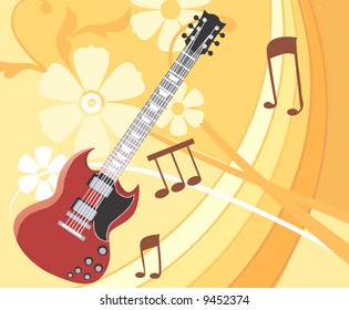 guitar with music notes in floral background	