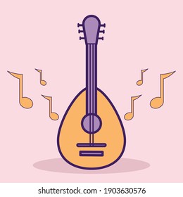guitar and music notes on a pink backgrond vector illustration design