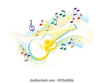 Guitar with music notes and treble clef in different colors on white background. Vector
interpretation of musical instrument sound