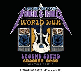 Guitar music poster. Speaker box artwork. Music world tour. Rock and roll vector graphic print design for apparel, stickers, posters, background and others.  Born to be free. 