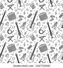 Guitar music seamless pattern in Doodle style. Hand drawn black linear vector classical and electro instruments
