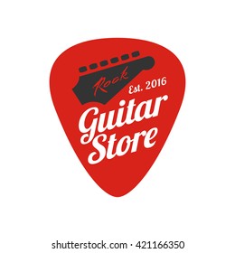 Guitar, music store vector logo, emblem, icon, sign. Graphic illustration, design element of guitar neck and fingerboard