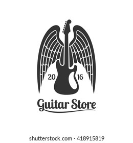 Guitar or music store vector template logo, emblem, sign. Grunge style illustration, design element of guitar with wings