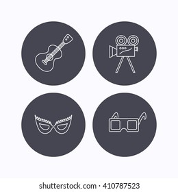 Guitar music, video camera and theatre mask icons. 3d glasses linear sign. Flat icons in circle buttons on white background. Vector