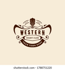 Guitar music vintage retro western night club bar with a cowboy logo design inspiration