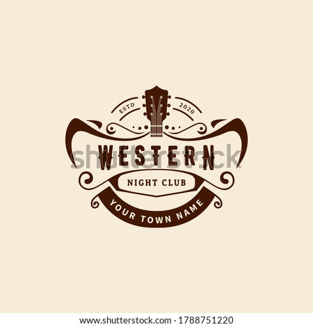 Guitar music vintage retro western night club bar with a cowboy logo design inspiration