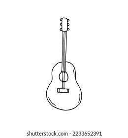 Guitar, musical instrument. Acoustic guitar. Classic string instrument. Doodle.  Hand drawn. Vector illustration. Outline.