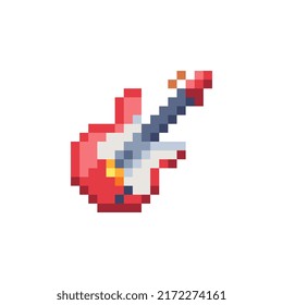 Guitar musical instrument pixel art icon. Isolated vector illustration. 8-bit sprite. Design stickers, logo, mobile app.