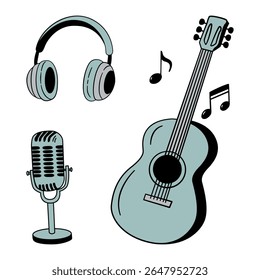 Guitar musical instruments and audio equipment in a clean, hand-drawn outline style with flat, muted blue-green colors, a pair of over-ear headphones, a vintage-style 