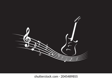 Guitar musical instruments line drawing. Musical symbol icon for staff and music note. Disco love heart sound notes. Fun guitars vector sign pattern.