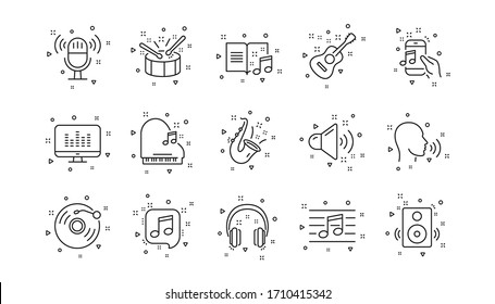 Guitar, Musical note and Headphones. Music line icons. Jazz saxophone linear icon set. Geometric elements. Quality signs set. Vector