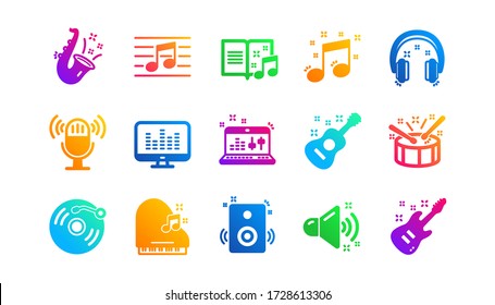 Guitar, Musical note and Headphones. Music icons. Jazz saxophone classic icon set. Gradient patterns. Quality signs set. Vector