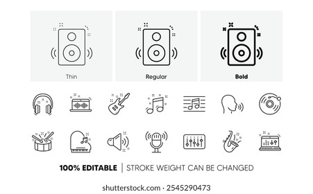 Gitarre, Noten und Kopfhörer. Symbole für Musikzeilen. Lineares Jazz-Saxophon-Icon-Set. Zeilensymbole eingestellt. Vektorgrafik