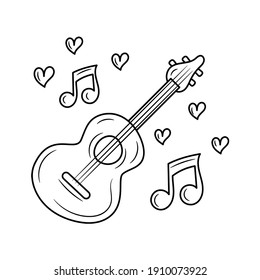 Guitar with musical note vector illustration, isolated linear style pictogram 