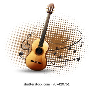 Guitarra y notas musicales en la ilustración de fondo
