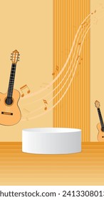 Gitarre mit musikalischem Hintergrund mit Podium, das für soziale Medien verwendet werden kann. Realistische Vektorgrafik für den Hintergrund.
