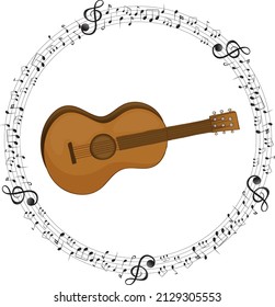 A guitar with musical notes on white background illustration