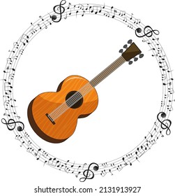 A guitar with musical notes on white background illustration