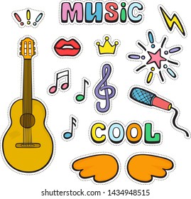Guitar, musical signs and symbols. Set of color cute vector doodle stickers.