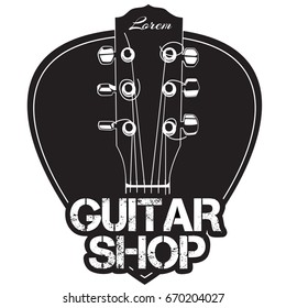 Guitar neck icon with guitar shop text. Monochropme design