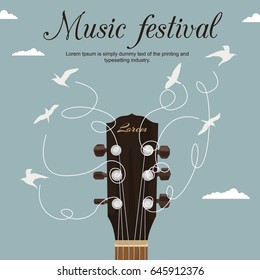 Guitar Neck With Strings Turn Into White Birds In Blue Sky. Music Festival Flyer