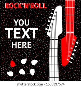 Guitar necks with rock and roll inscription on black background. Design of posters rock and roll festival. Vector Illustration