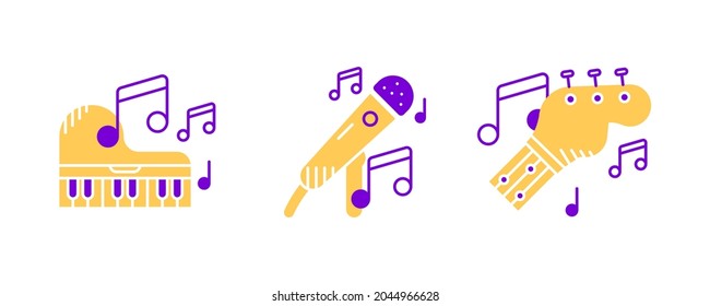 Guitar and guitar neck-strings, microphone, piano and musical notes icon set. Entertainment and music icon. Art vector illustration set. Editable row set. Linear icon set.