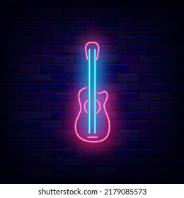 Guitar neon icon. Musical acoustic concert. Musical instrument. Night club logo. Shiny glowing symbol. Vector stock illustration